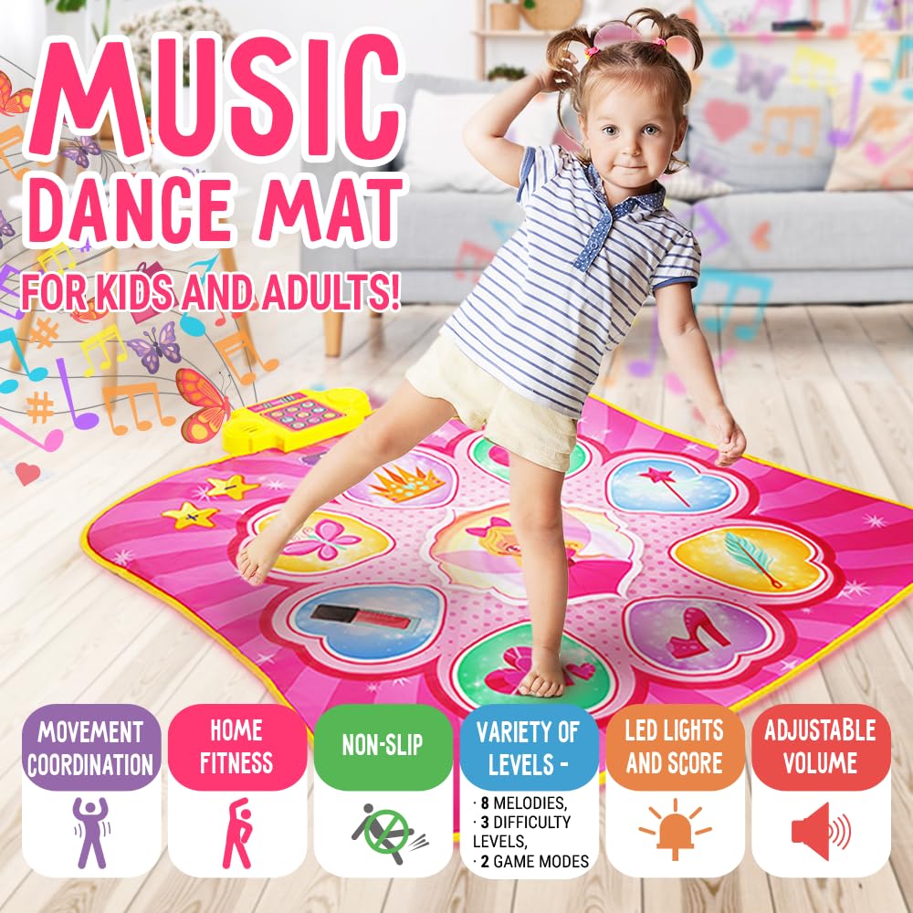 TOYSFINITY Dance Mat for Kids Ages 4-8 - Interactive Dance Mat with 9 Game Modes, 3 Challenge Levels, Built-in Music and Lightup Lights - Perfect for Birthdays, Children's Day and Christmas