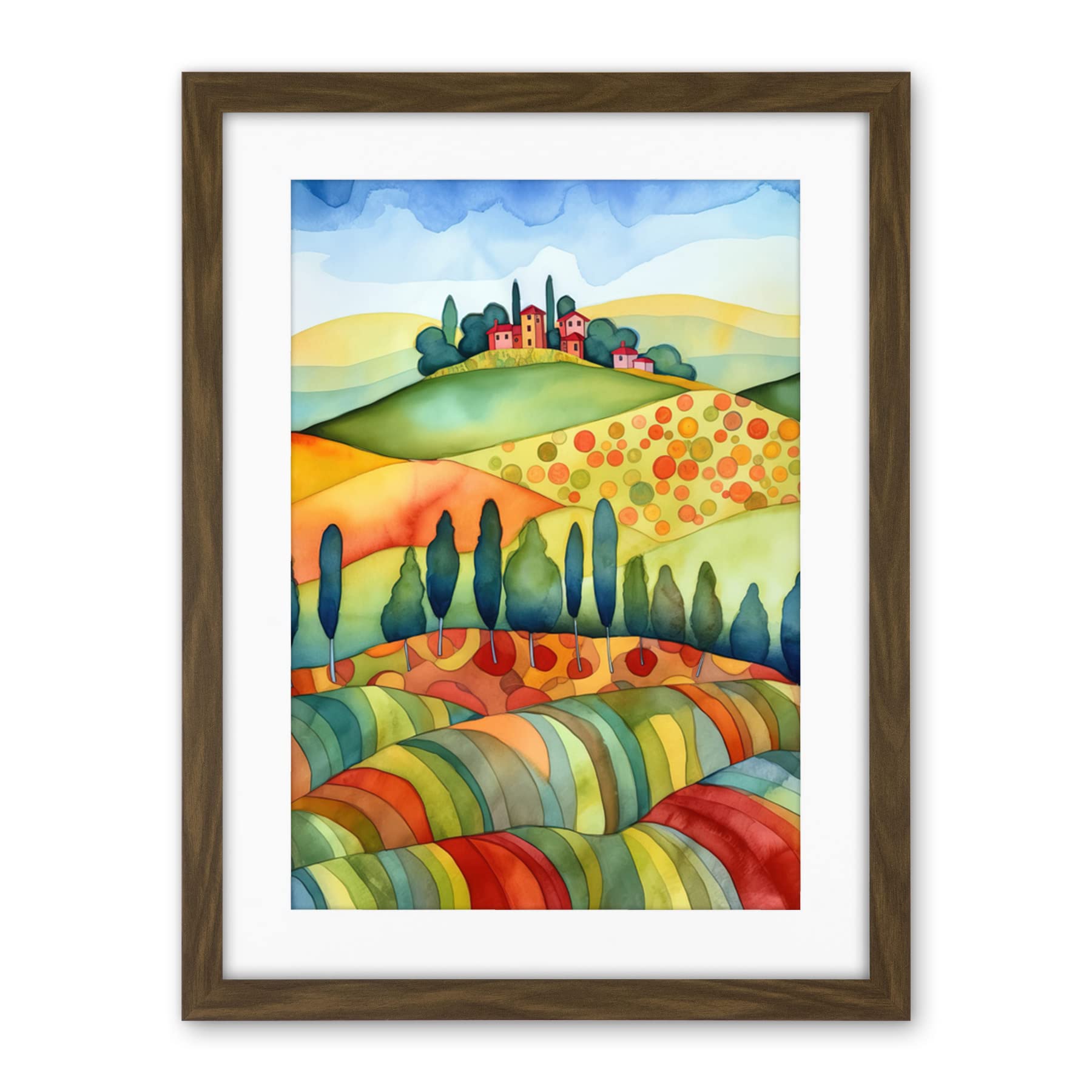 Artery8 Landscape Of Tuscany House On The Hill Folk Art Artwork Framed Wall Art Print 18X24 Inch