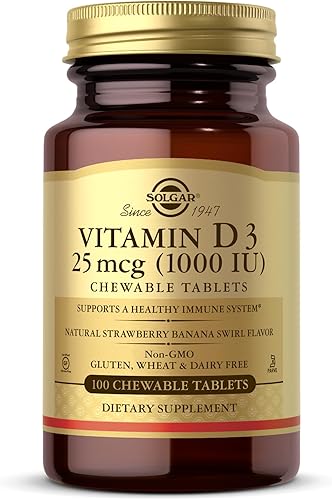 Solgar Vitamina D3 (colecalciferol) 25 mcg (1000 UI), remolino natural de fresa y plátano - 100 tabletas masticables - Sin OMG, Kosher - 100
