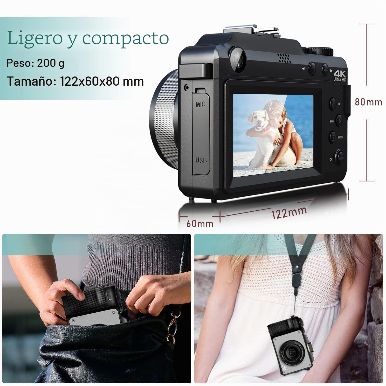 Cámara Digital CCN de 48 MP, 4K HD 1080p, 7 filtros de Color Integrados, Zoom Digital de 18x con cámaras duales (Frontal y Trasera), Tarjeta TF de 64 GB, Wi-Fi, Gris