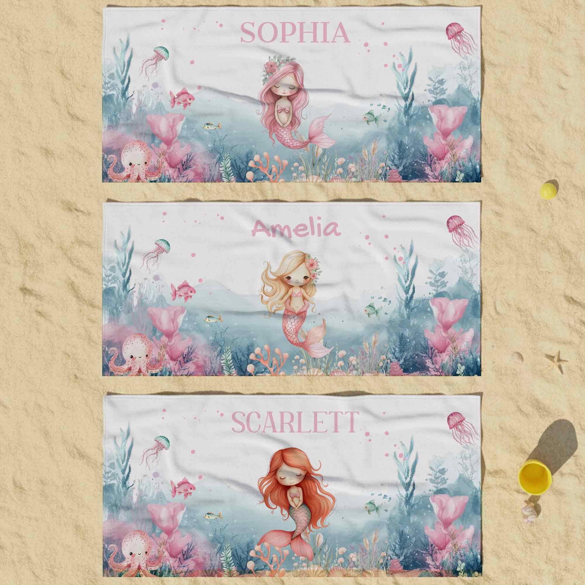 Print Maniacs Personalised Mermaid Towel with Name – Quick Dry Kids & Girls Towel for Pool, Beach, Bath & Holiday, Lightweight Large Swimming Towel, Magical Custom Gift for Children
