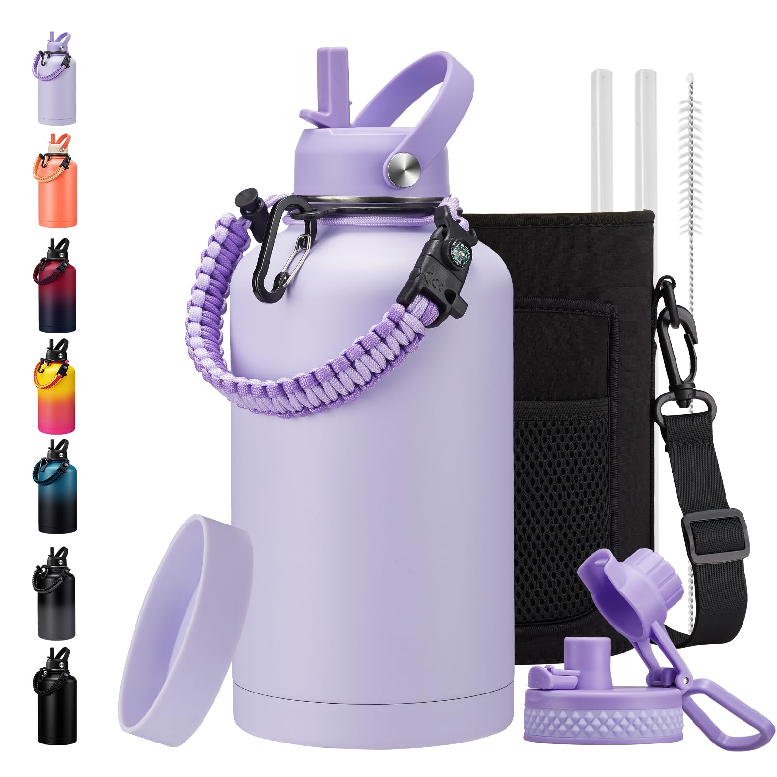 BENZZO Insulated Gallon Water Bottle with Straw Auto Spout Lid Cold 48h, 64/128 oz Water Jug With Carrying Pouch, Paracord Handle & Silicone Boot