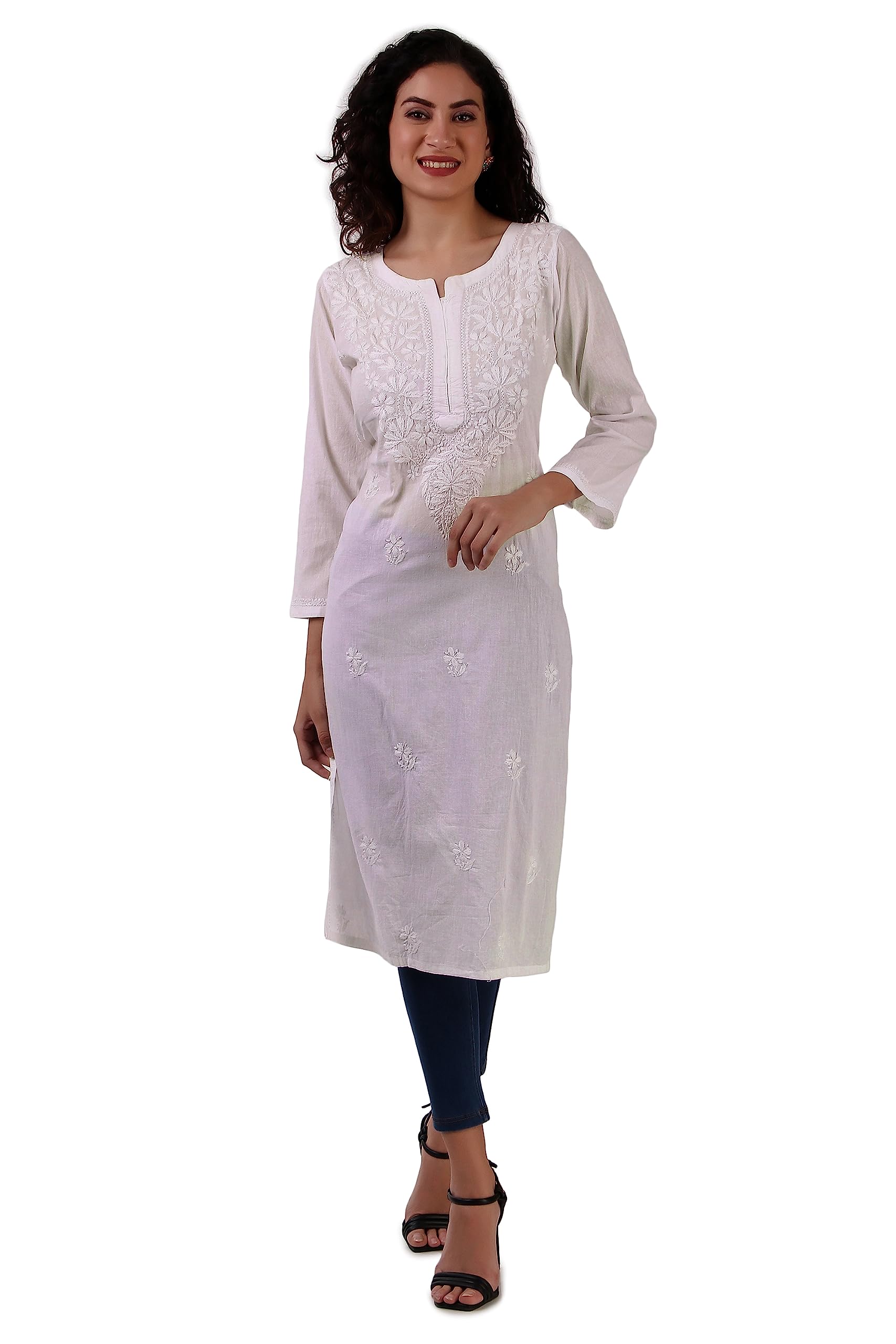 ladylineWomens Plain Cotton Lakhnavi Handwork Embroidery Kurti Tunic Kurta Dress