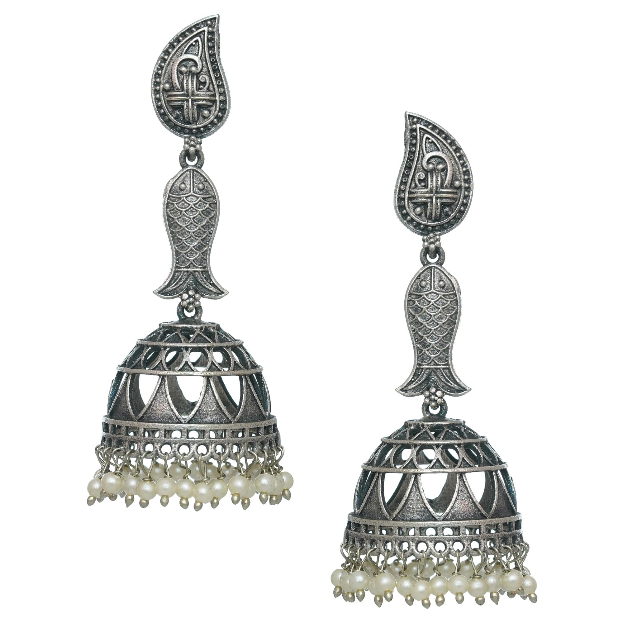 Redsify Silver Oxidised Plating Fish Jhumka Earrings with White Pearl Beads for Women and Girls | 1 pair (B0D9KR8M5P) Amazon Price History, Amazon Price Tracker