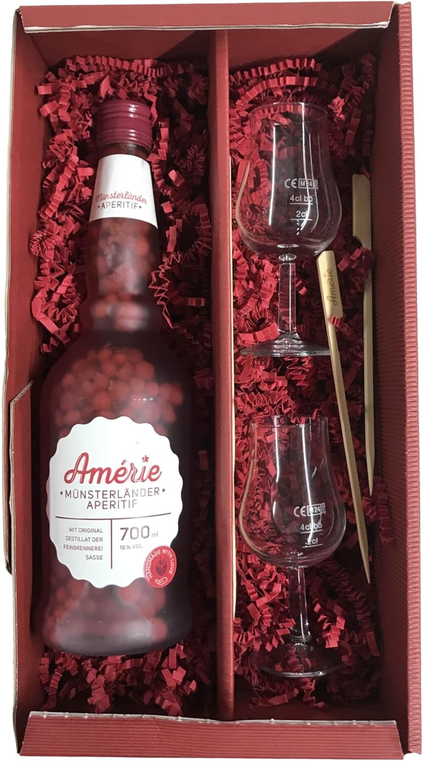 Sasse Amérie Münsterländer Aperitif 16% Vol. 700ml | Fruchtiger Himbeer-Walderdbeer Likör + 2 Gläser & Amérie Holzspieße im Geschenkset | Handgefertigt im Münsterland