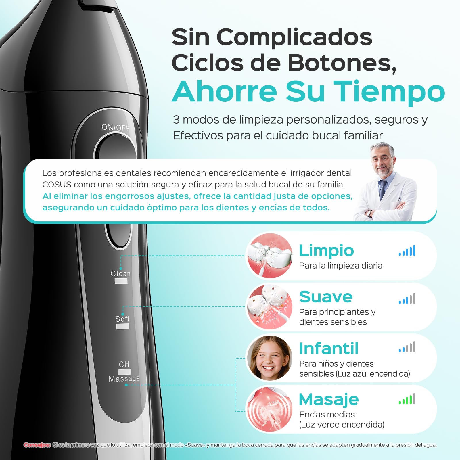 COSLUS C20 Irrigador Bucal Portatil Flosser: 300ML Irrigador Dental Inalámbrico de Riego para Limpieza Dental Doble chorro de agua IPX7 Impermeable Limpieza Diente Para Hogar baño y los Viajes Negro