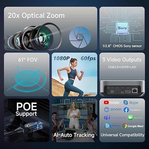 Miniatura 2 de 20x Zoom óptico PTZ Cámara HDMI USB3.0 IP Cámara de transmisión en vivo HD 1080P 60fps Sistema de videoconferencia POE Suministro para servicios de