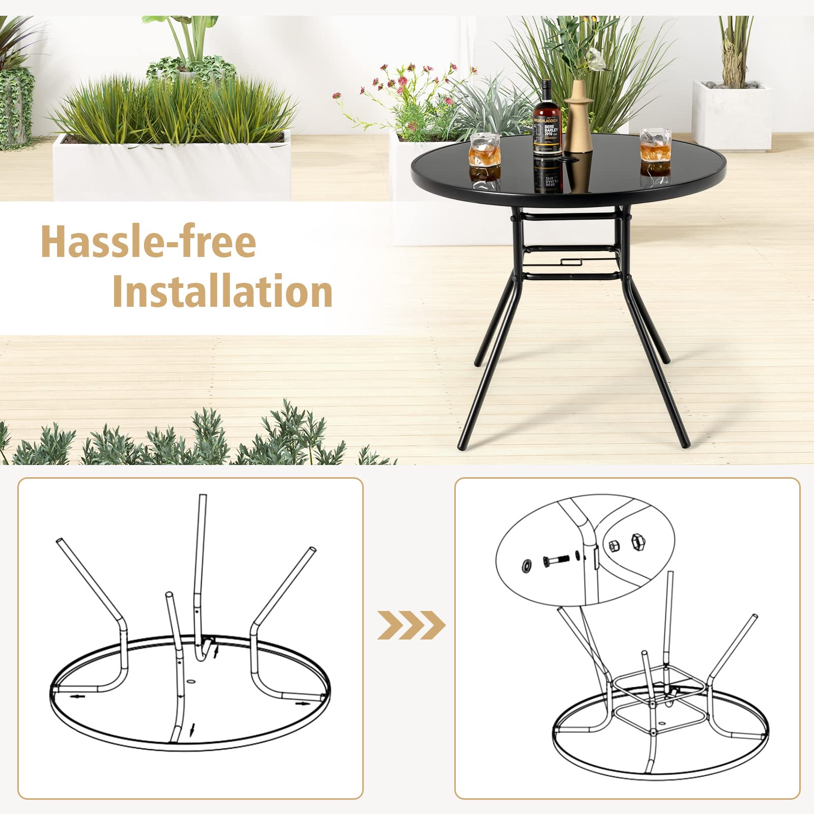GIANTEX Table Bistrot 86 cm, Table à Manger de Jardin avec Trou pour Parasol de 3,5 cm, Plateau en Verre Sérigraphié, Cadre en Métal, Table d'Appoint Ronde, pour Jardin, Terrasse, Noir