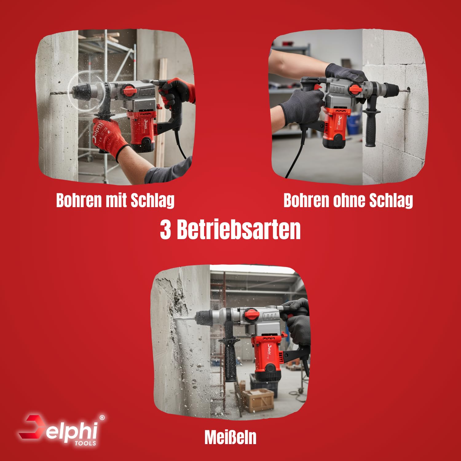 Delphi SDS Plus Bohrhammer 2200W - Abbruchhammer & Schlagbohrmaschine SDS+ Bohrfutter, 3 Funktionen in einem Werkzeug 880 U/Min Bohr-Meißel-Set Zubehör & Koffer