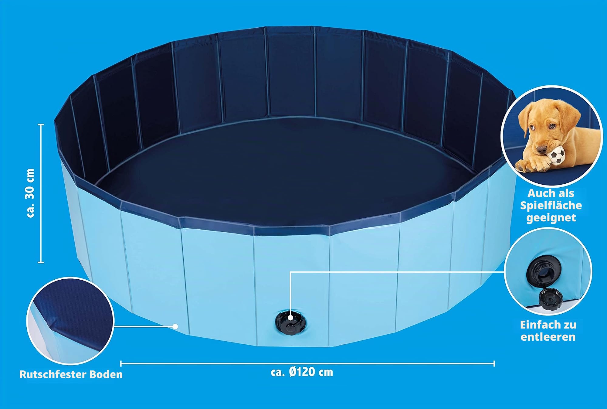 Haustier Hundepool - 120 x 30 CM - Mittlere Hunderassen - Faltbares Hundebad - Rutschsicherer Boden - mit Entleerventil - Blau