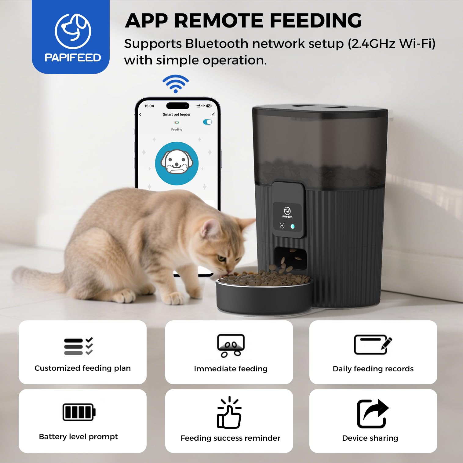 PAPIFEED Automatic Cat Feeder 3.5L/15 Cup 2.4G WiFi Pet Feeder for Dog Work with Alexa & Echo Timed Cat Food Dispenser for Remote Feeding with Stainless Steel Bowl up to 10 Meals Per Day with APP
