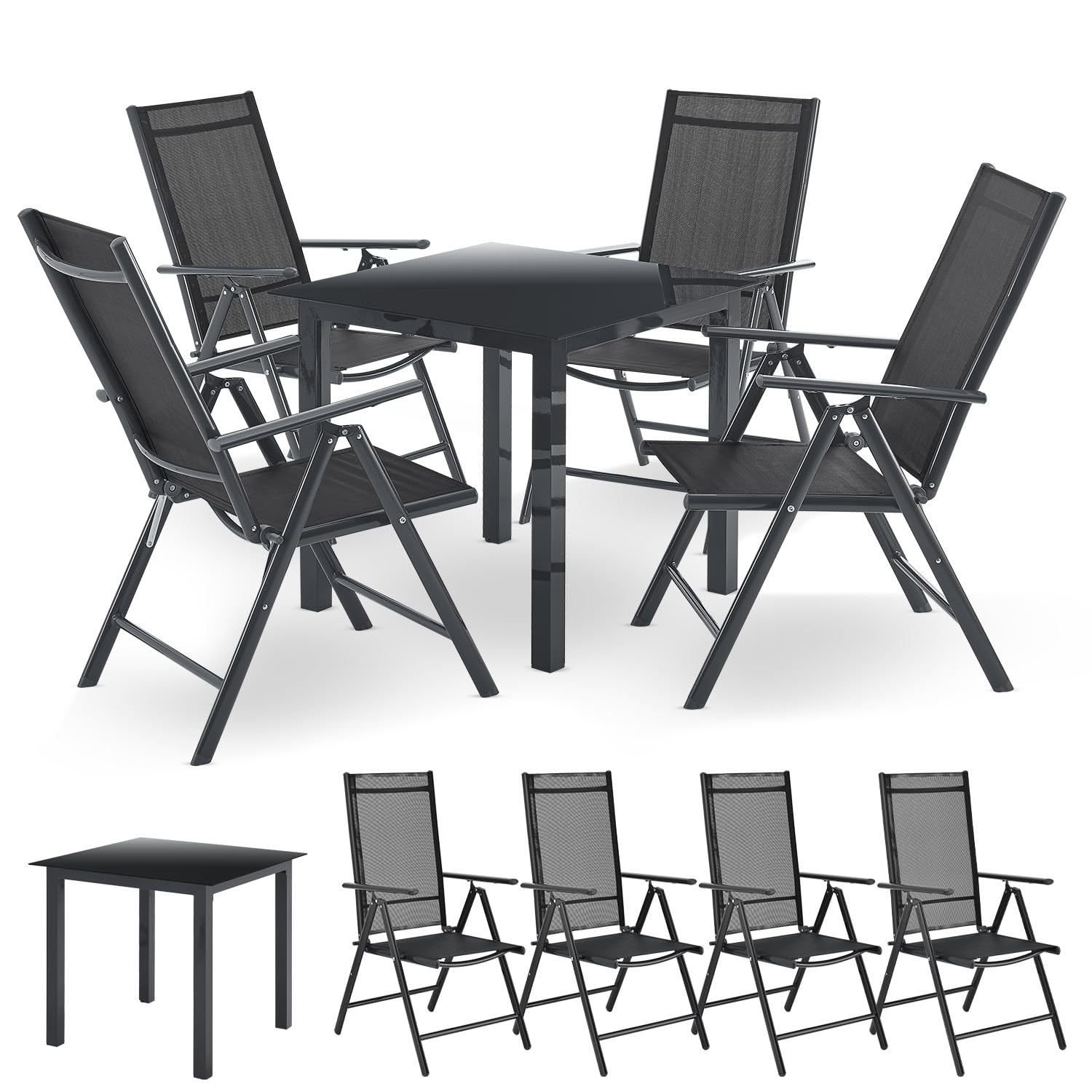 Juskys Gartengarnitur Milano 4+1-4 Hochlehner Stühle verstellbar & klappbar mit Tisch – Gartenmöbel Set 5-teilig wetterfest - Grau
