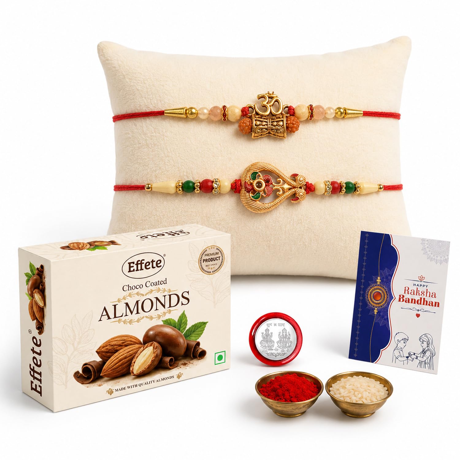 DeoDap Om Beaded & Designer Rakhi Set of 2 for Brother with Choco Coated Almonds Chocolate 32gm, Pooja Coin, Roli Chawal & Card | Rakhi with Chocolate Combo for Raksha Bandhan