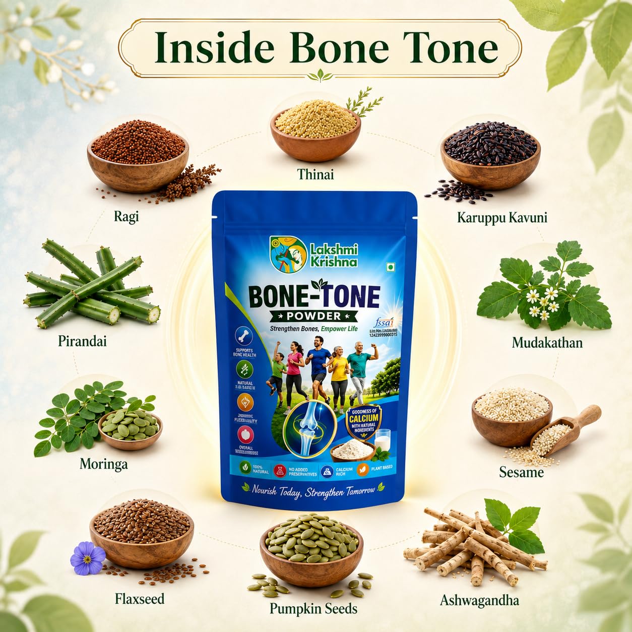 Lakshmi Krishna Naturals Bone Tone Powder - 500g | Plant Based Natural Calcium Food Mix | Whole Food Millet & Herbal Blend with Pirandai, Ragi, Sesame & Pumpkin Seeds for Joint Wellness — Amazon image 3