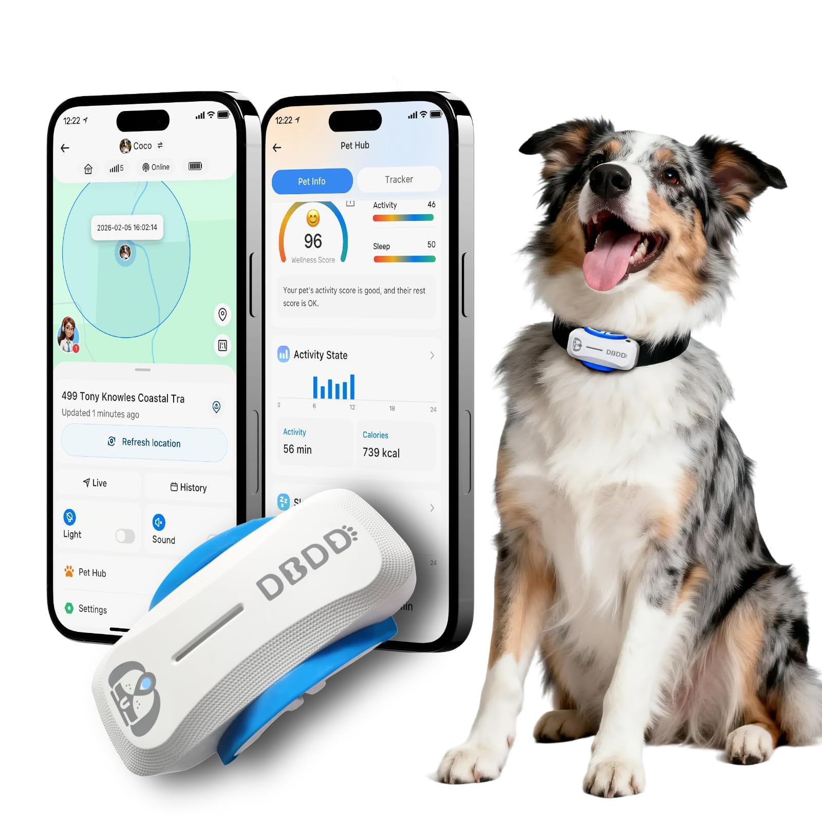 AI GPS Tracker for Dogs, Real Time Location and AI Vet Health Management, Electronic Fence, Waterproof, iOS and Android Compatible (White)