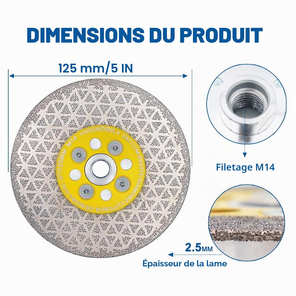 HIGHDRIL Disque Diamant pour Carrelage - 125mm x M14 Brasé Sous Vide Disque de Coupe et Meulage pour Marbre Granit Béton Céramique Carrelage