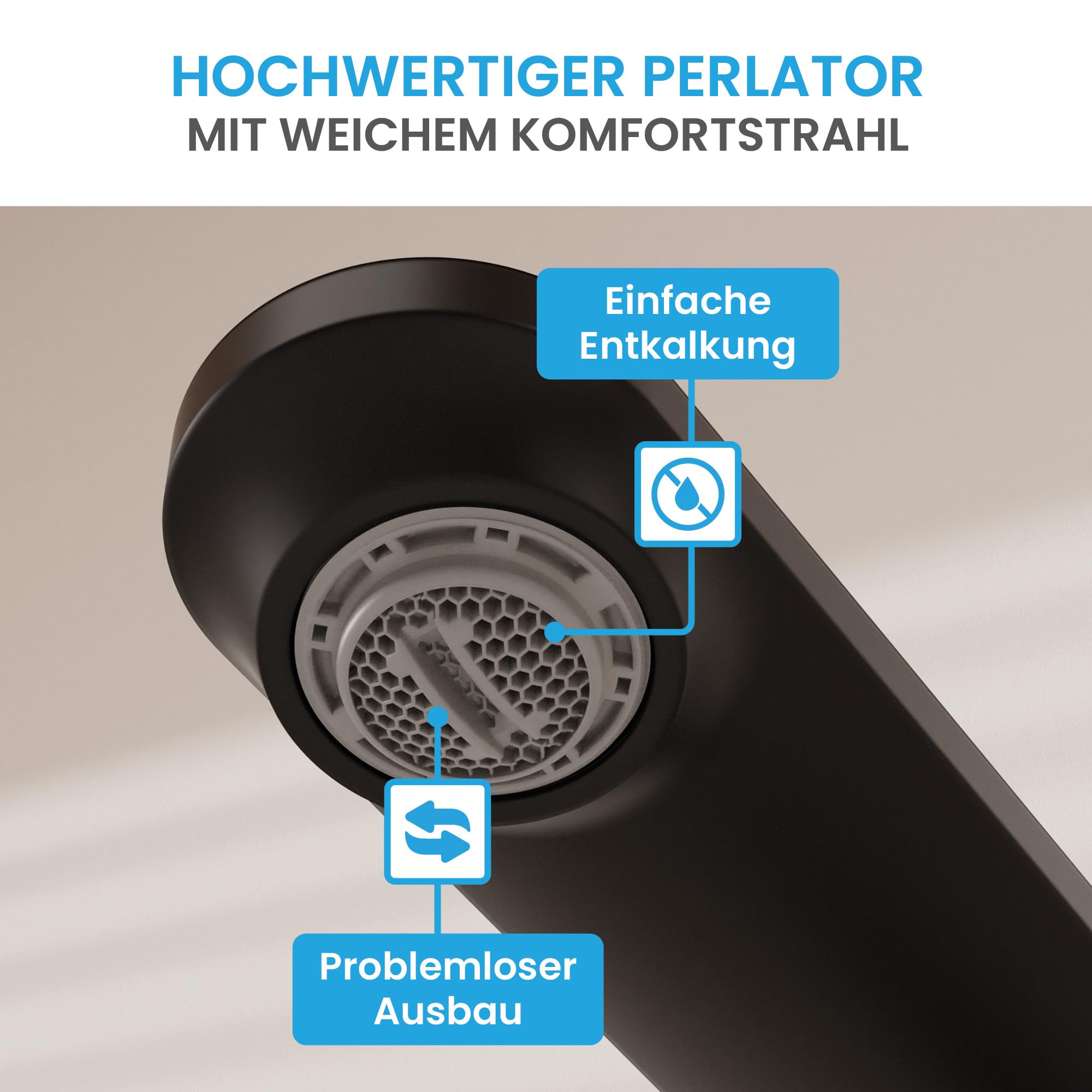 Bächlein Badarmatur Isaya hoch in modernem Design, extra hoher Einhebelmischer mit langlebiger Keramikkartusche und Montage-Set, Bad Wasserhahn Schwarz Matt