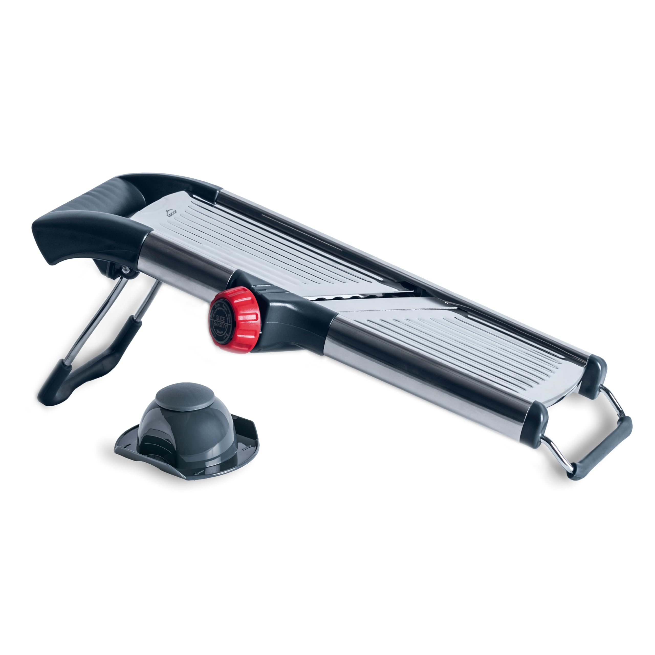Lacor - 60274 - Mandolina ProSlice, 2 cuchillas, 2 tipos de corte, Rodajas 0-9 mm, Juliana 4,5 y 9 mm, Protector de dedos, Cuchilla desmontable, Acero inoxidable, 41,5x13,5 cm
