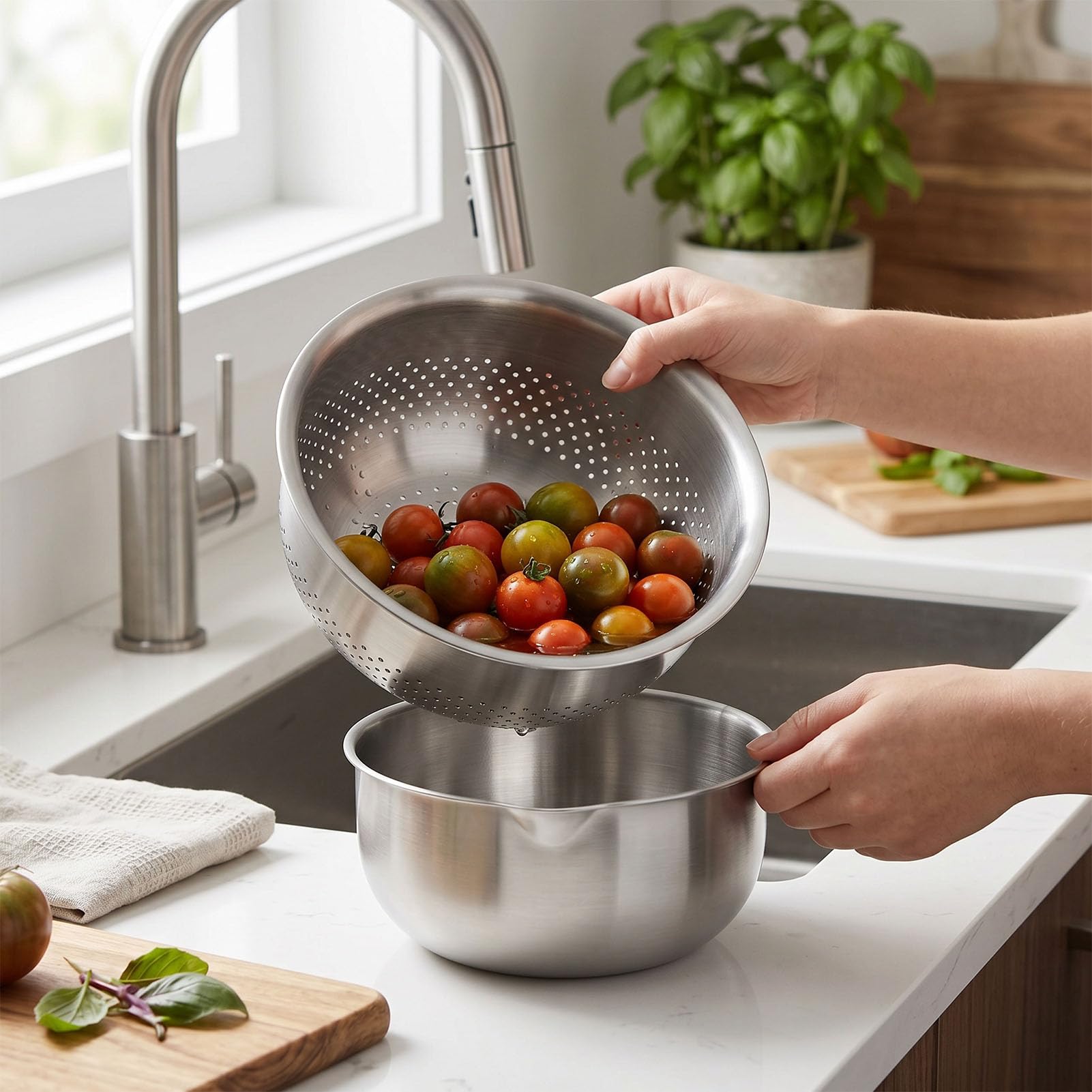 Fockety Juego de Cuencos Coladores de Acero Inoxidable, Cesta Multiusos para Lavar Frutas y Verduras con Gran Capacidad y Acabados Suaves, Colador de Metal para Escurrir Servir en la