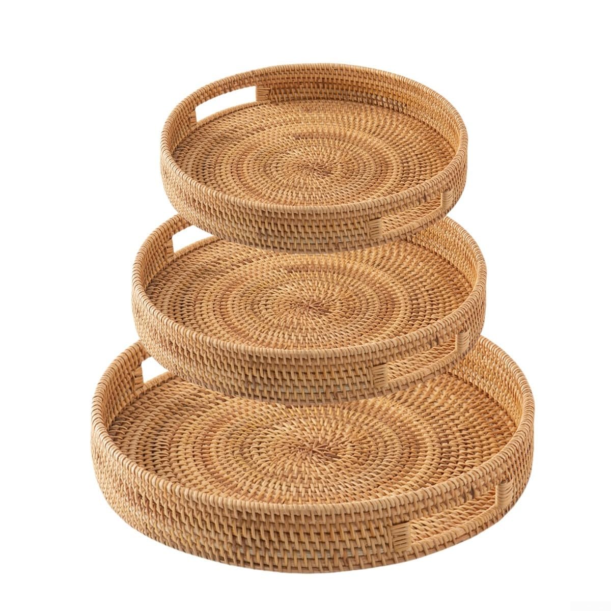 Bandeja de servir, bandeja redonda tejida de ratán para cocina, picnic y mesa de café, cesta de almacenamiento para frutas, pan y decoración del hogar (25 cm)