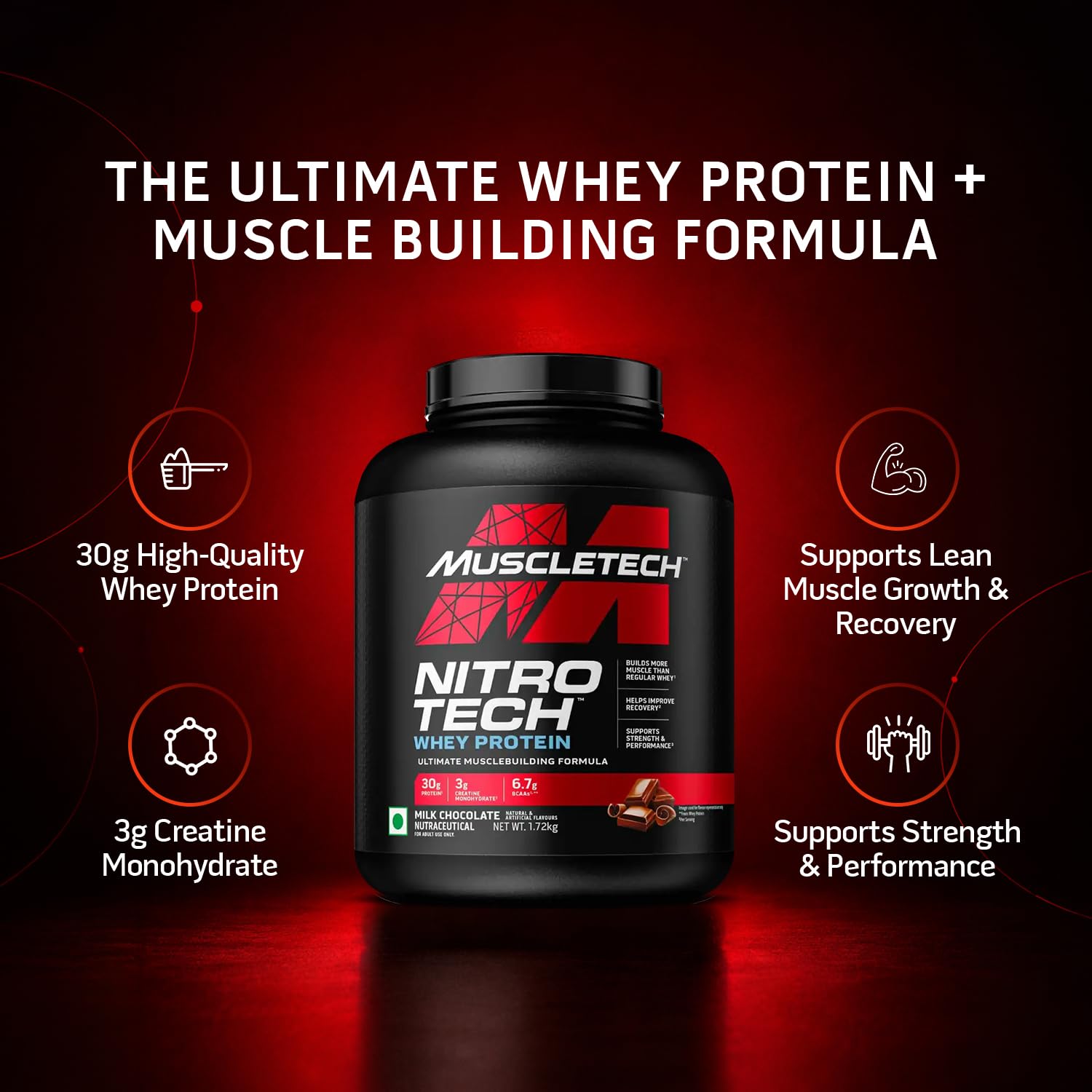 MuscleTech Nitro-Tech Whey Protein, 1.72kg (3.8lbs), Milk Chocolate, 30g Protein, 3g creatine monohydrate, 6.7g BCAA, ultimate muscle building formula, increase strength & performance — Amazon image 2
