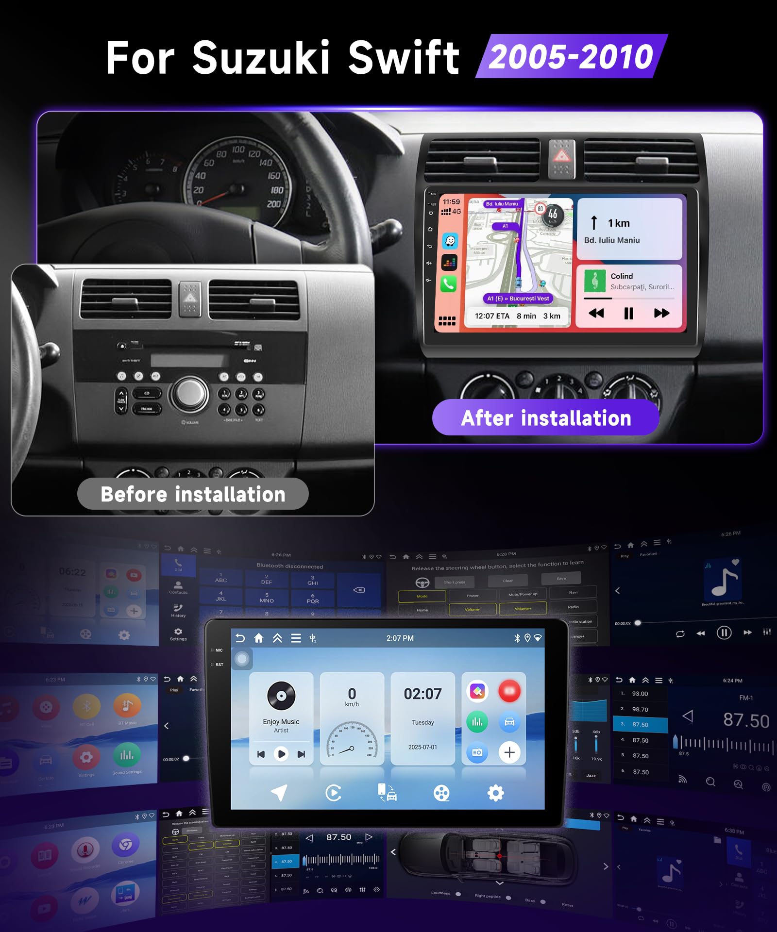 Autoradio Android 13 10.1" 4G+64G Pour Suzuki Swift 2003-2010 - Carplay Sans Fil & GPS