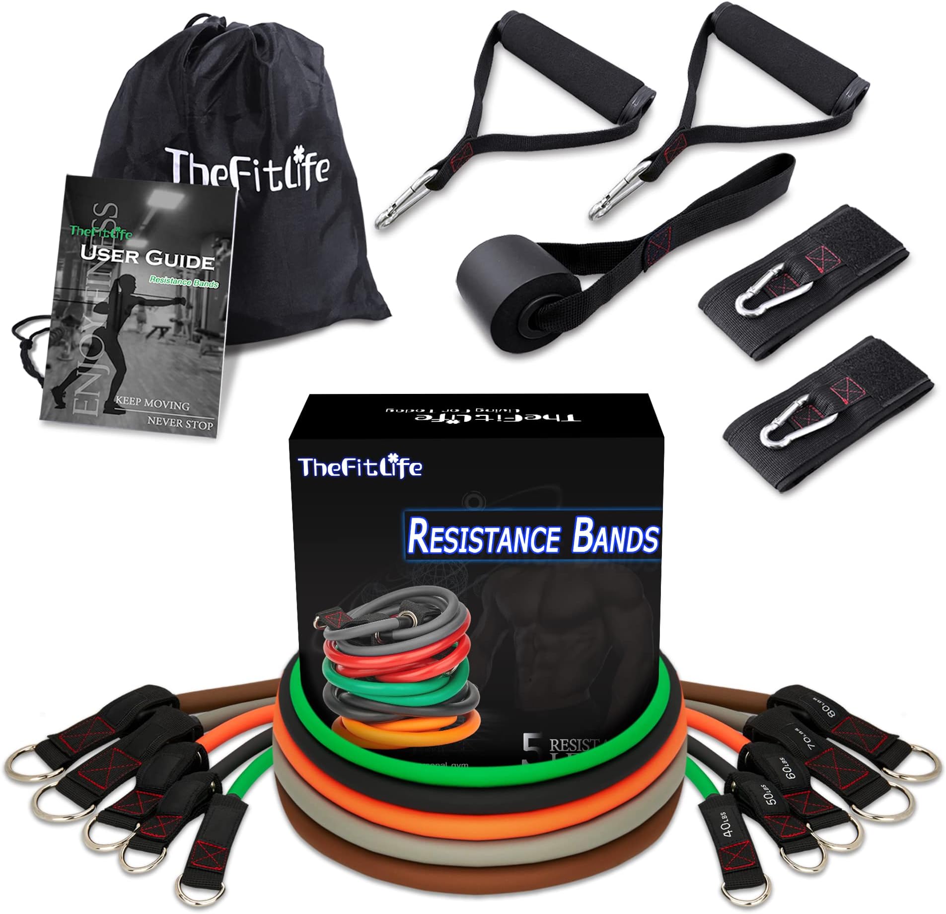 TheFitLife Exercise Resistance Bands with Handles - 5 Fitness Workout Bands Stackable up to 110/150 lbs, Training Tubes with Large Handles, Ankle Straps, Door Anchor Attachment, Carry Bag