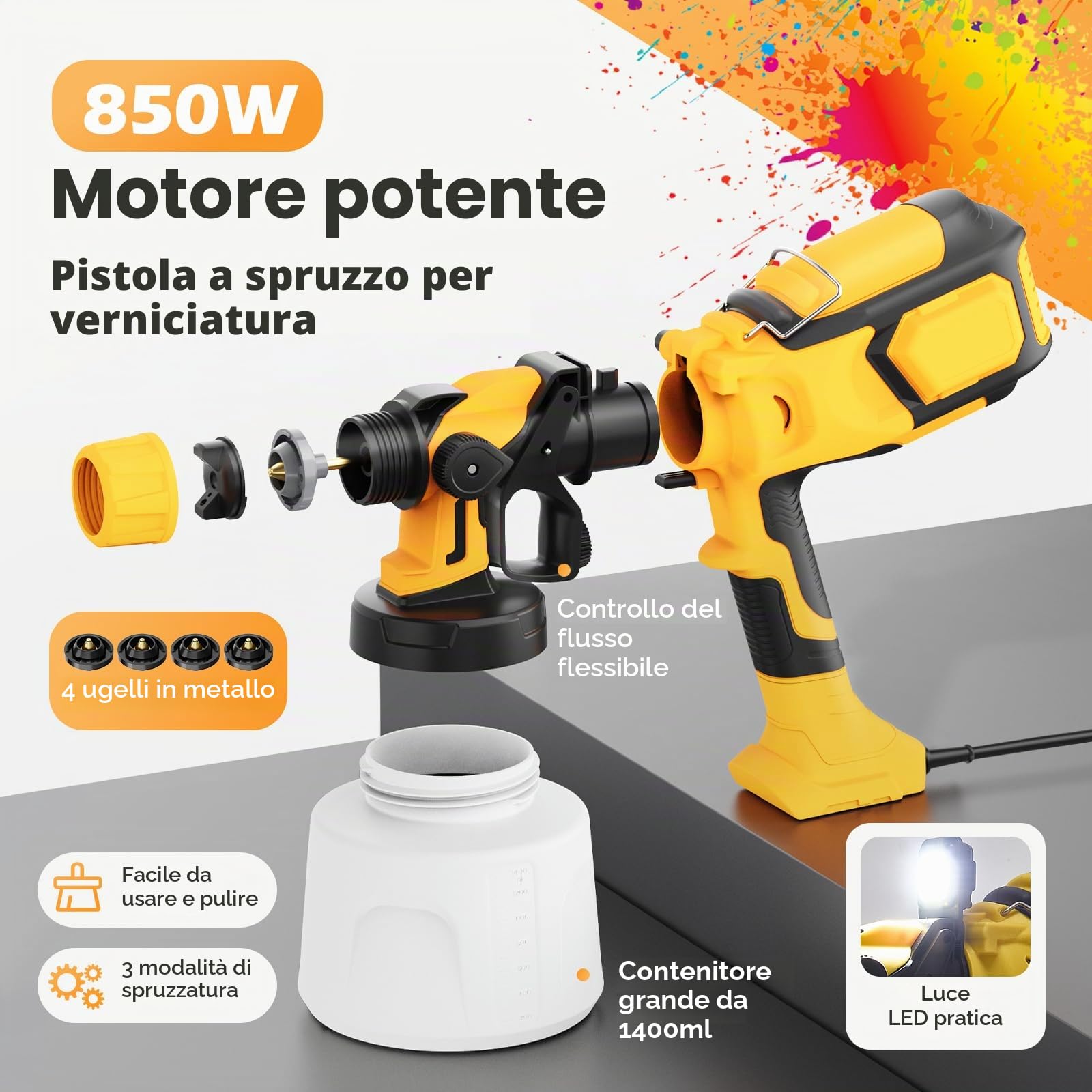 Spruzzatore per vernice, 850 W HVLP ad alta potenza, pistola elettrica a spruzzo con capacità di 1400 ml, 4 ugelli e 3 modalità - Facile da pulire per pareti, mobili, recinzioni, capannoni e progetti