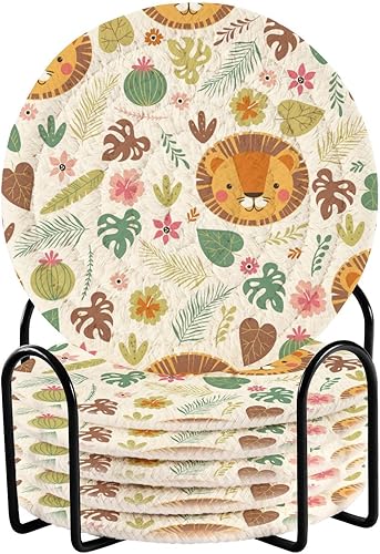 Cute Lion Animal Tropical Plants Drink Cotton Coasters 4 Inch Set with Holder 6 Pack Absorbent Coasters for Drinks Absorbent Housewarming Gift Table