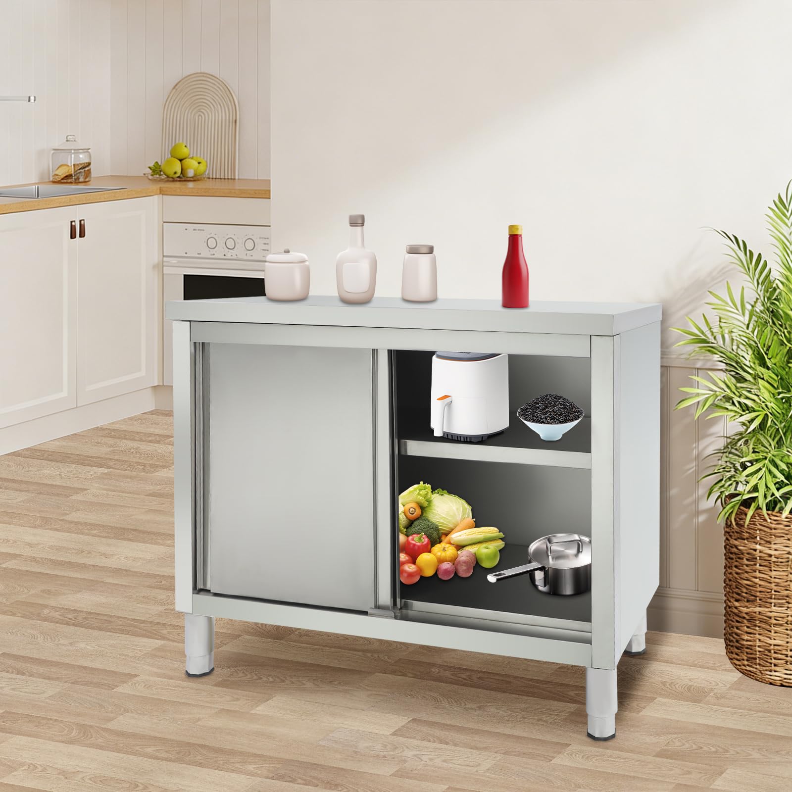 Armadio da lavoro con ante scorrevoli, piano da lavoro in acciaio inox, armadio con piano da lavoro per cucina, armadio autoportante in acciaio inox, tavolo in acciaio inox per cucina