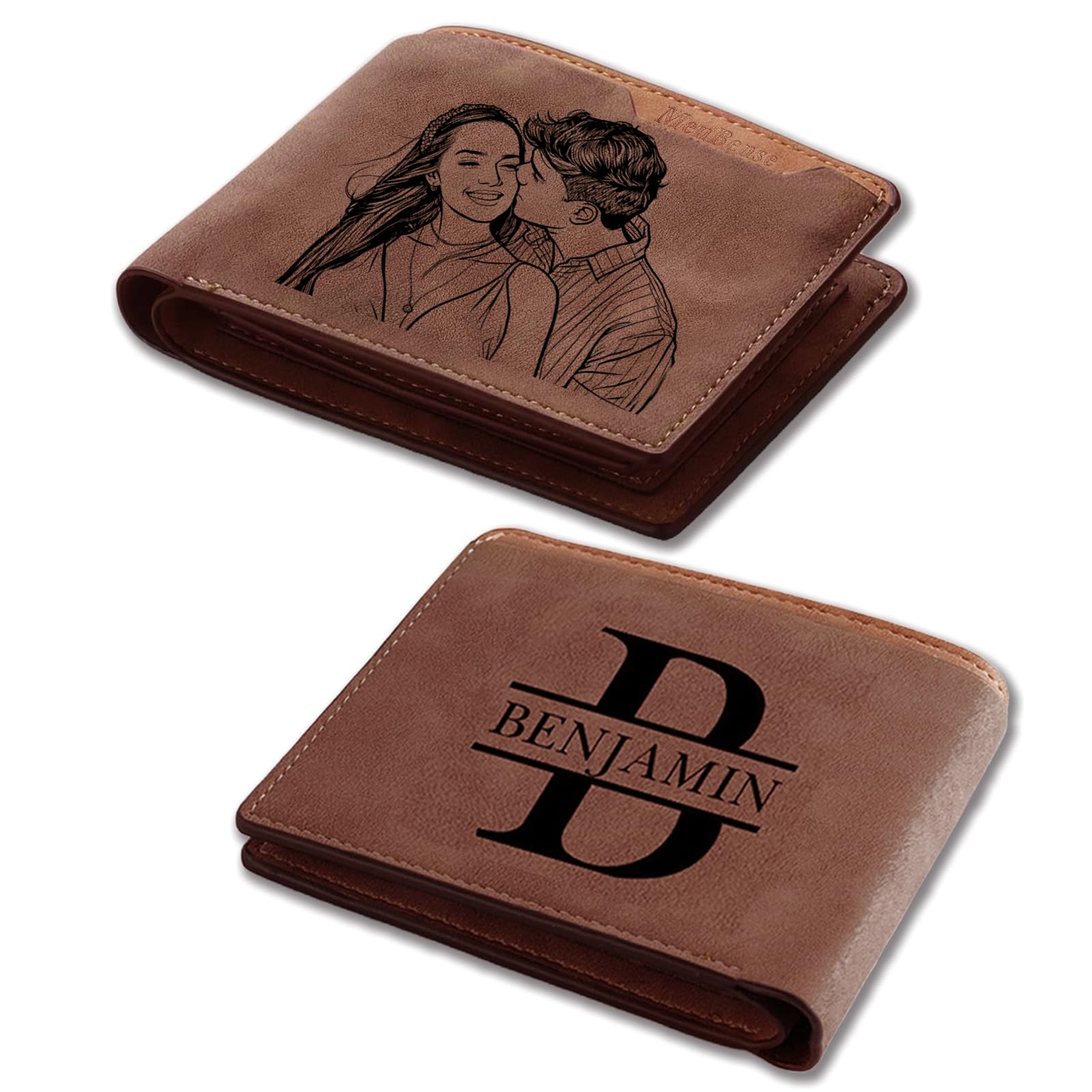 Custom Wallets for Men, Personalized Minimalist Leather Bifold Wallet Engraved with Name & Photo Initials, Customized Wallet Gifts for Fathers Boyfriend Son Husband