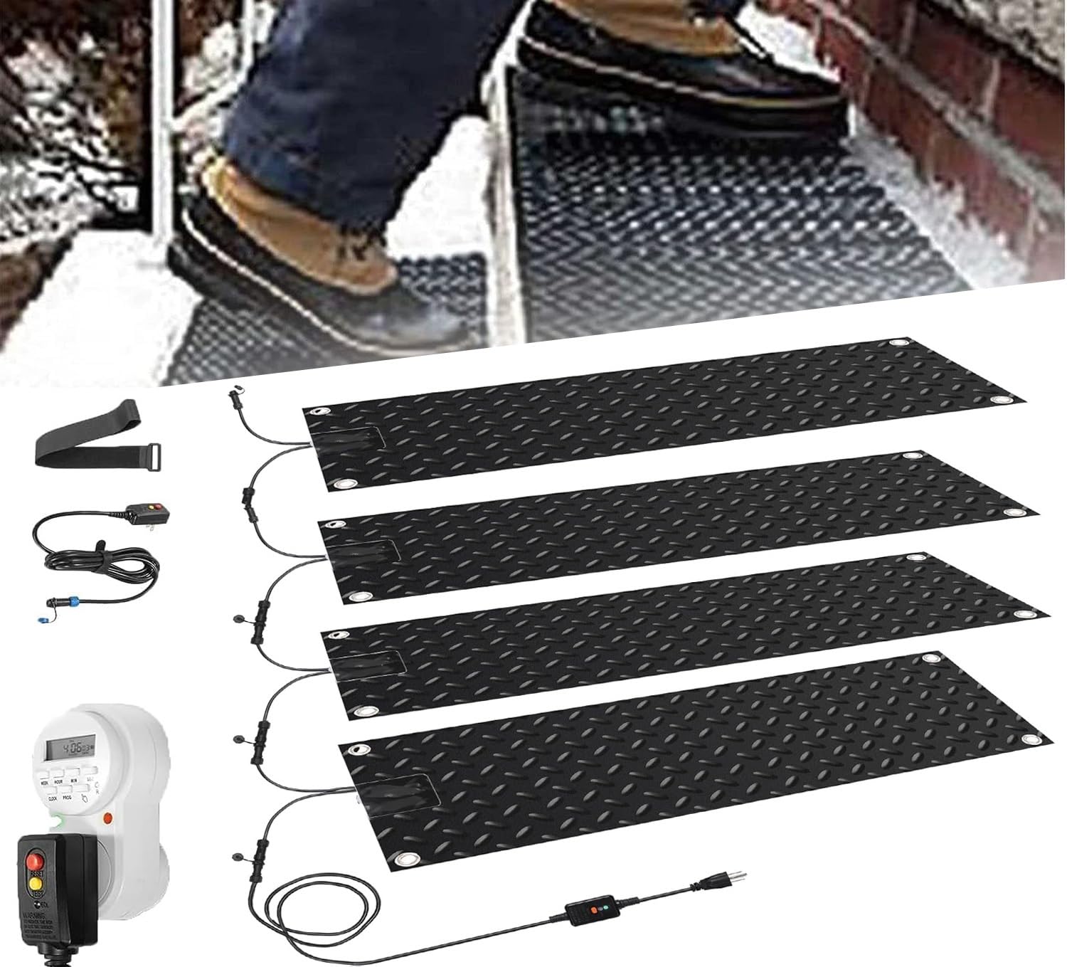 Tapis de fonte de neige chauffants avec minuterie, tapis en caoutchouc chauffant à la glace antidérapante pour l'extérieur, 2 pouces/h, tapis chauffant pour escaliers extérieurs d'hiver, marches