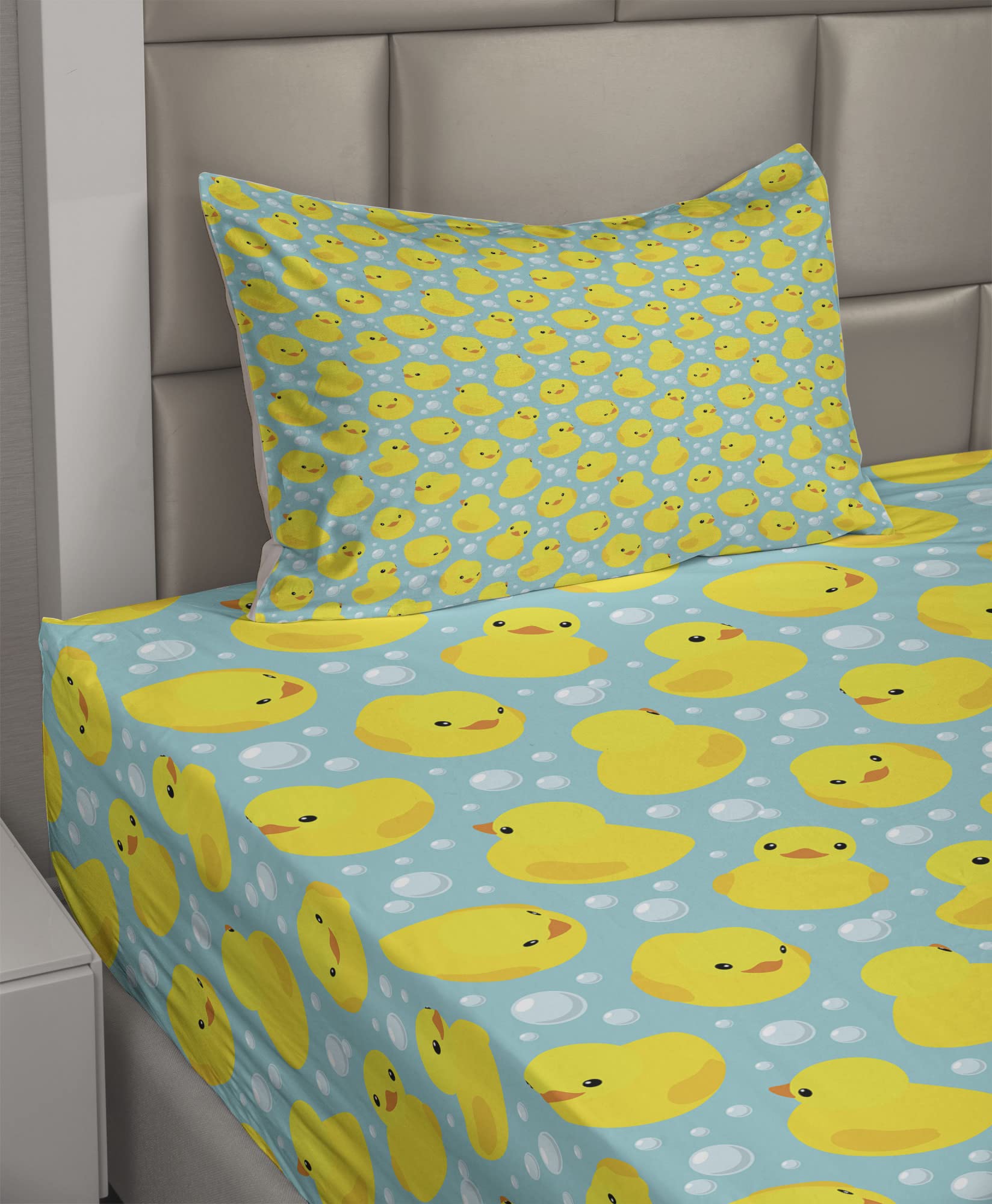 Ambesonne Rubber Duck Sheet Set, Rubber Ducks on Water Inspired Backdrop Bubbles Funny Pattern, Fitted and Flat Sheet with Pillowcase Bedding Accent 3 Piece Set, Twin, Turquoise Orange