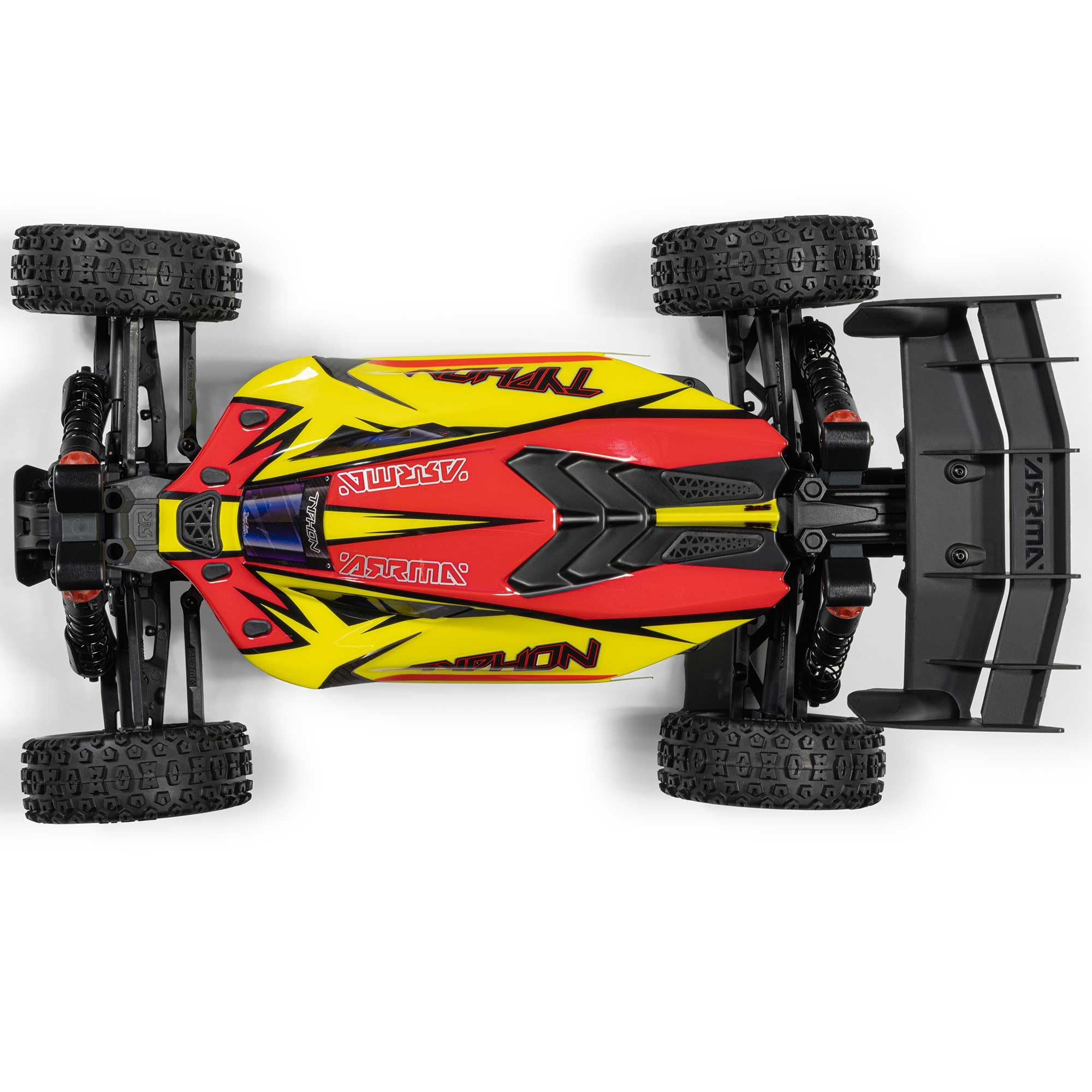 ARRMA Typhon Mega 4X4 RTR 1:8 zdalnie sterowany Buggy Basher Monster Truck, z silnikiem szczotkowym, bez akumulatora i ładowarki, żółty