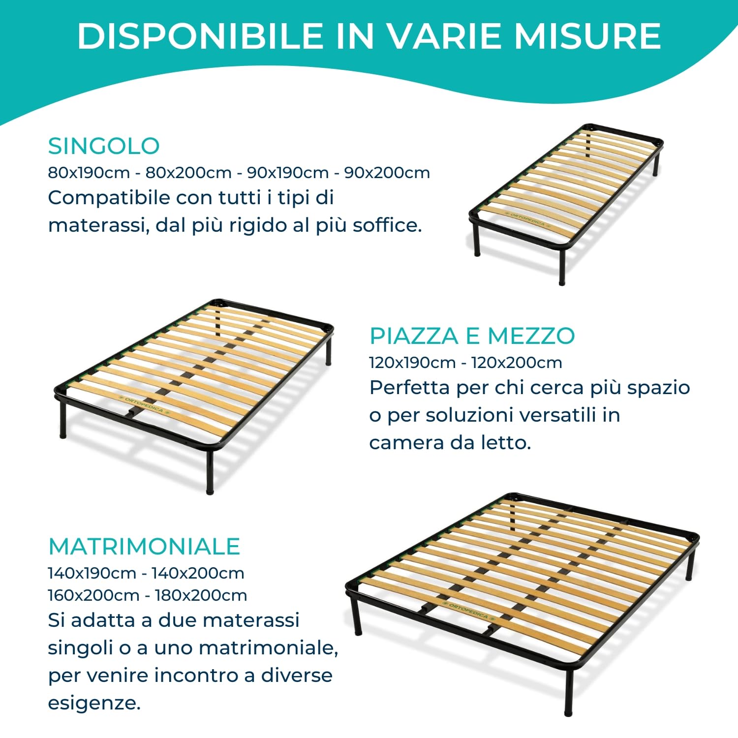 Rete Matrimoniale 140x200 con Doghe in Legno, Rete Letto Matrimoniale 140x200 Made in Italy, Struttura Robusta in Ferro con Piedi Smontabili, Reti Matrimoniali a Doghe in Legno per Letto e Materasso