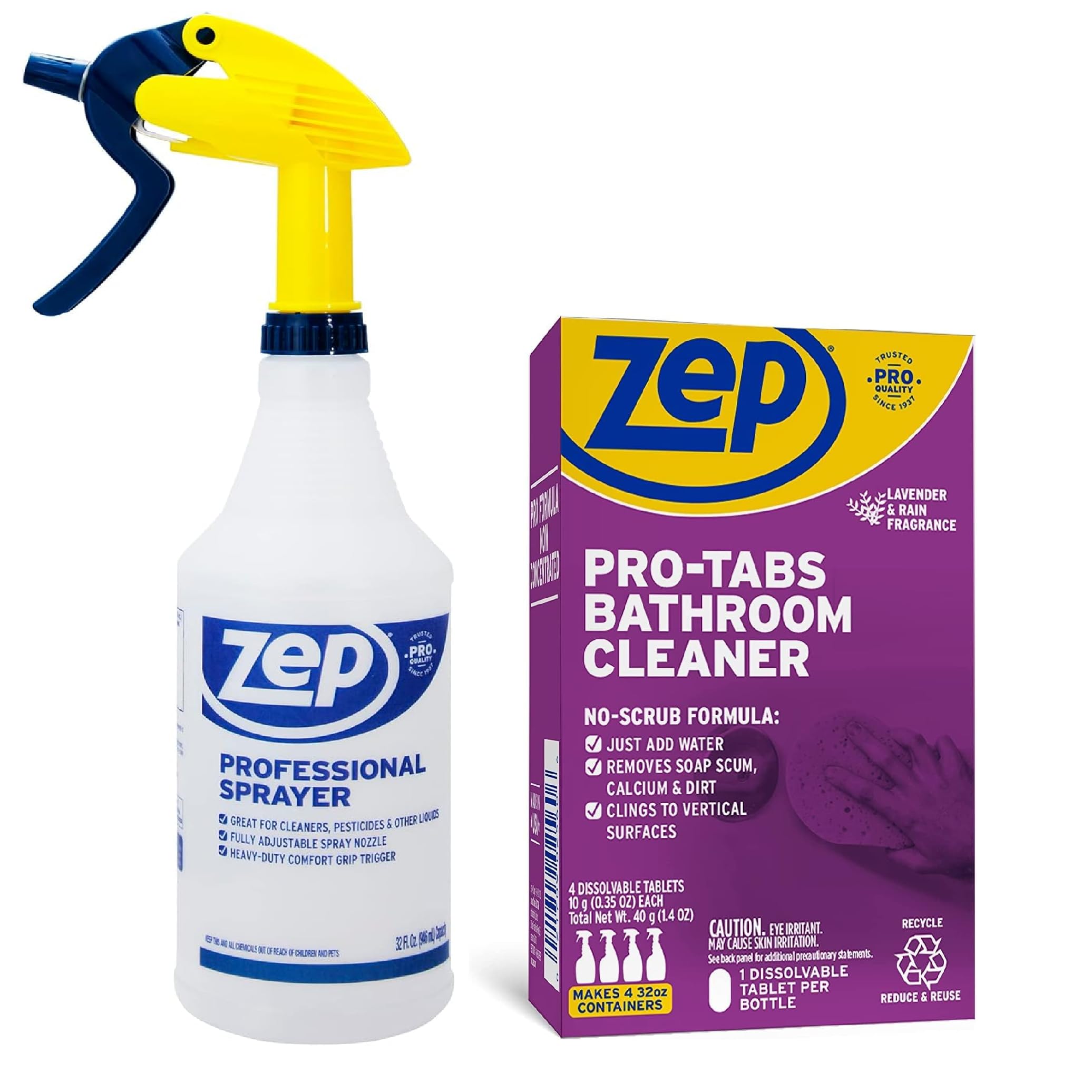 Zep Professional Sprayer Bottle and Pro-Tabs Bathroom Cleaner Dissolvable Tablets - HDPRO36 32 Fl. Oz. and ZUBCTAB 4 Tablets - Just Add Water, Removes Soap Scum, Dirt and Calcium