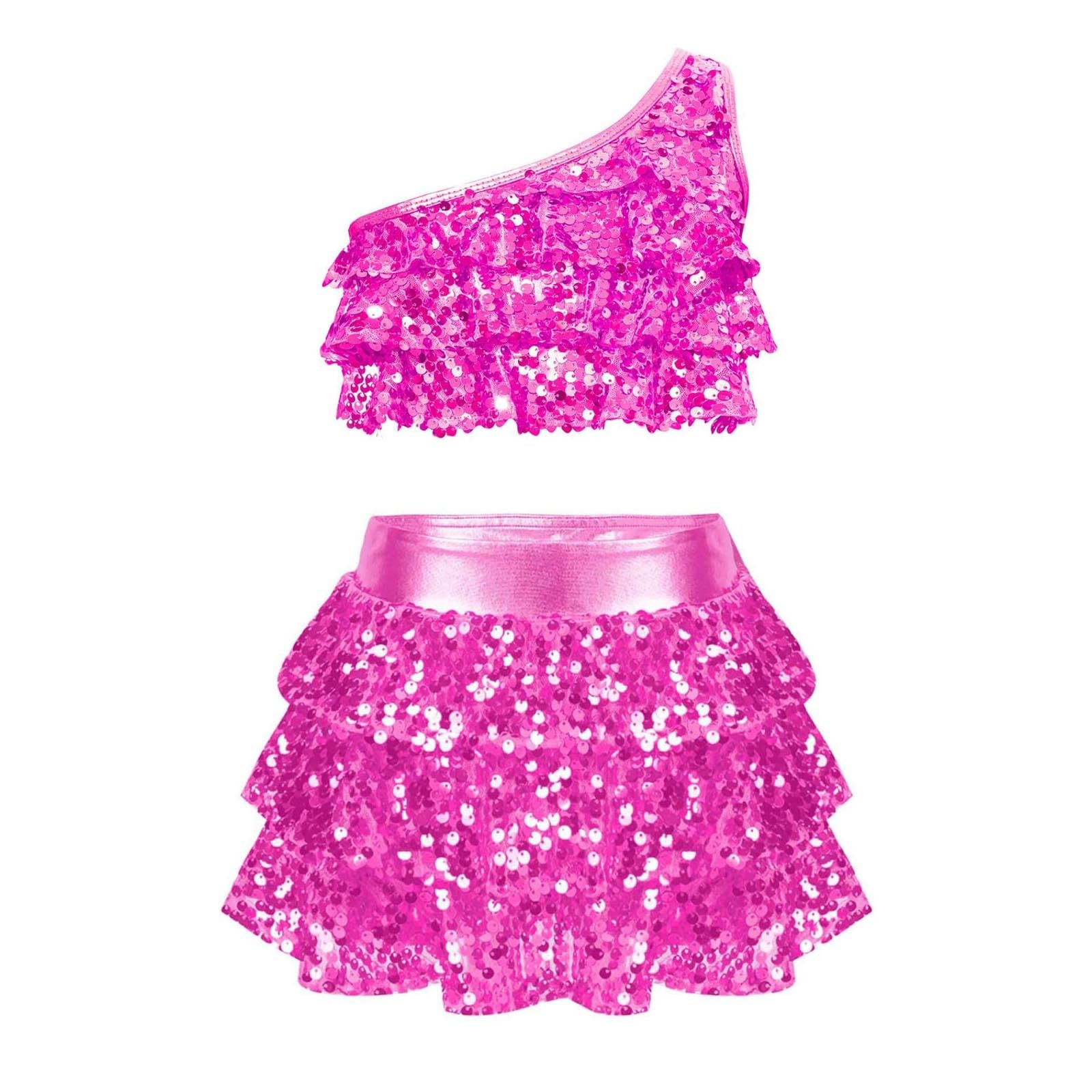 Traje de baile lentejuelas dos piezas niñas elástico falda top fiesta