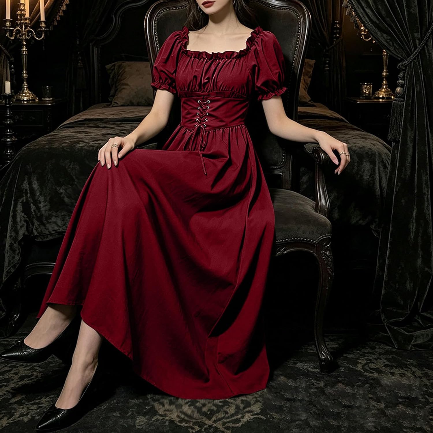 Women's Puff Sleeve Renaissance Dress Square Neck Lace Up Maxi Gown