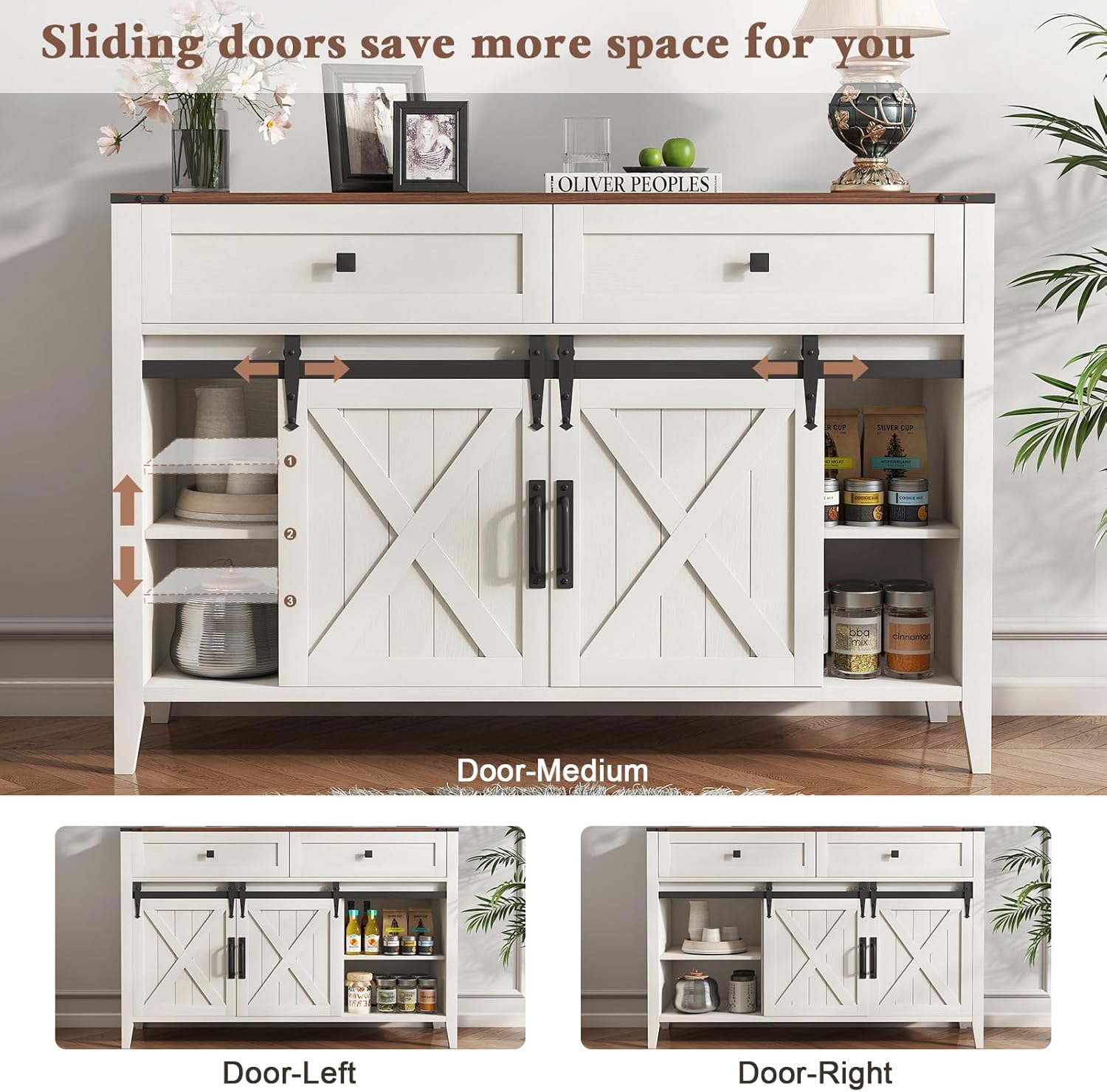 Image showing the GlouMod Farmhouse Buffet Cabinet with its sliding barn doors positioned to reveal different sections of the interior, highlighting adjustable shelves.