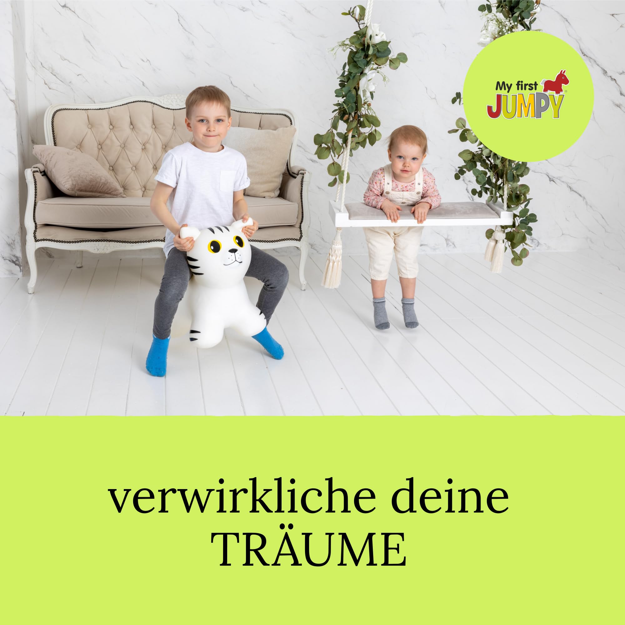 GERARDO'S Toys My First Jumpy für Kinder ab 1 Jahr, Bouncy Hopper Ride on Animal White Cat mit Pumpe enthalten, aufblasbare Hüpfburg für Kleinkinder drinnen und draußen