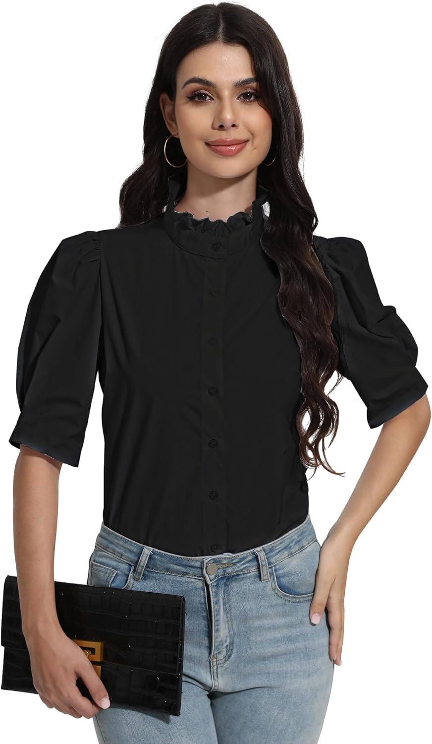 SUNNOW Women's Summer Top Ruffle Stand Collar Button Down Shirt Tailored Puff Sleeves Blouse Basic Simple Shirts
