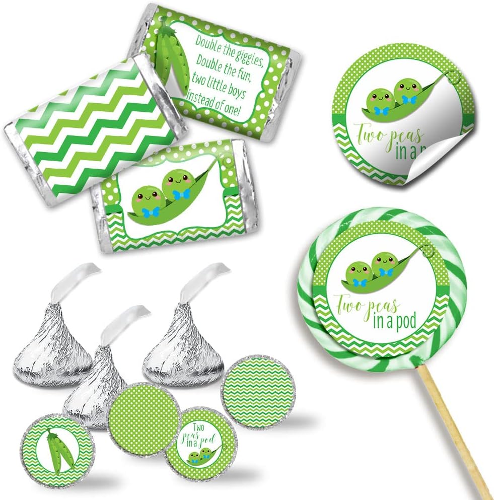 Two Peas in a Pod Baby Shower Stickers & Two Peas in a Pod Favors, 429 Piece Twin Boy Bundle with 60 2-Inch Labels, 45 Mini Wraps & 324 Small Candy Stickers by Amanda Creation