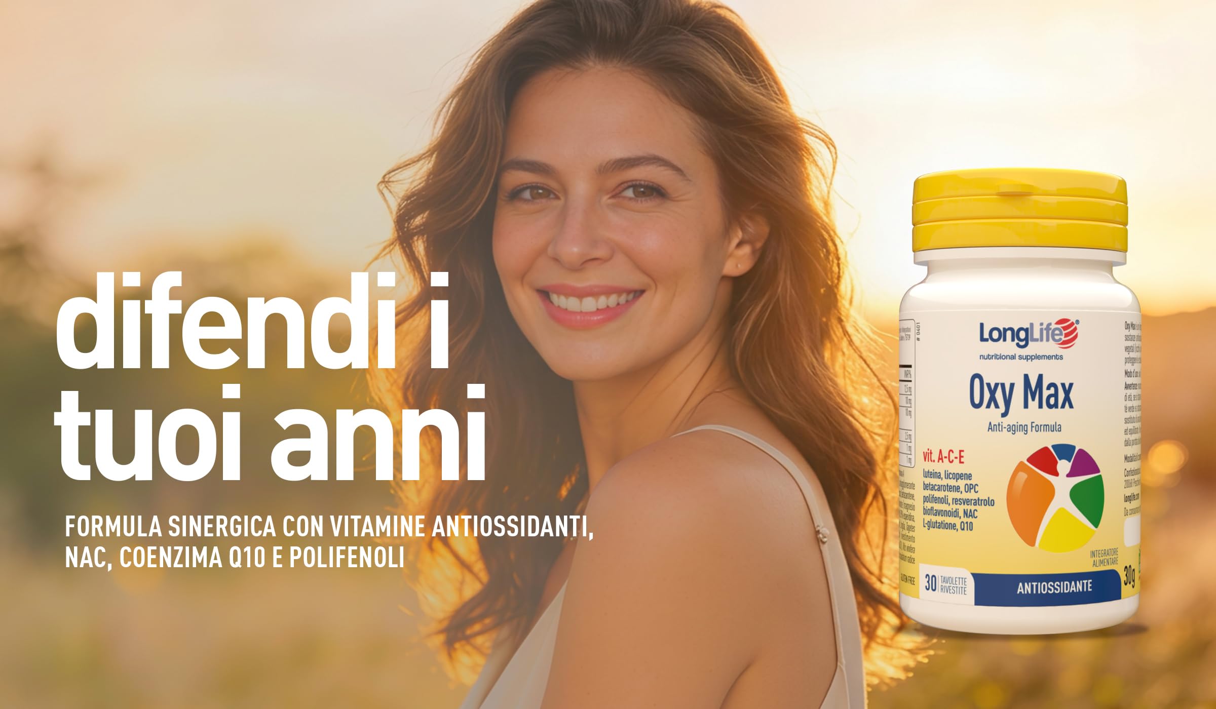 LongLife® Oxy Max | Selenio e vitamine A-C-E | Con luteina, licopene, betacarotene, OPC, resveratrolo, bioflavonoidi, NAC, L-glutatione e Q10 | Antiossidante | 30 tavolette | Vegano e senza glutine