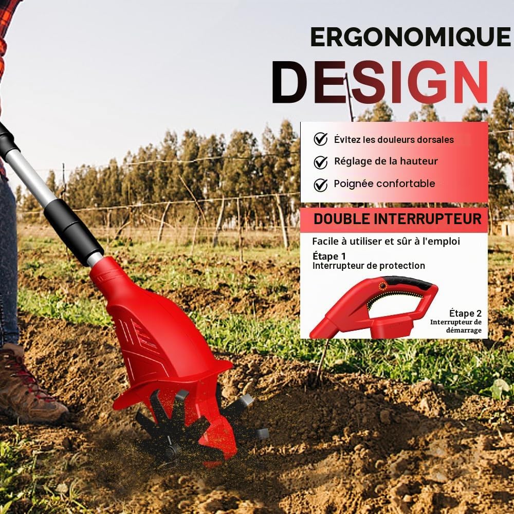 Motobineuse Électrique sans Fil, Motoculteur Électrique avec 2 Batteries de 3000 mAh, Largeur de Travail 25 cm, Profondeur de Labour 15 cm, Vitesse 360 TR/Min, pour Le Gazon, Le Potager et Le Jardin