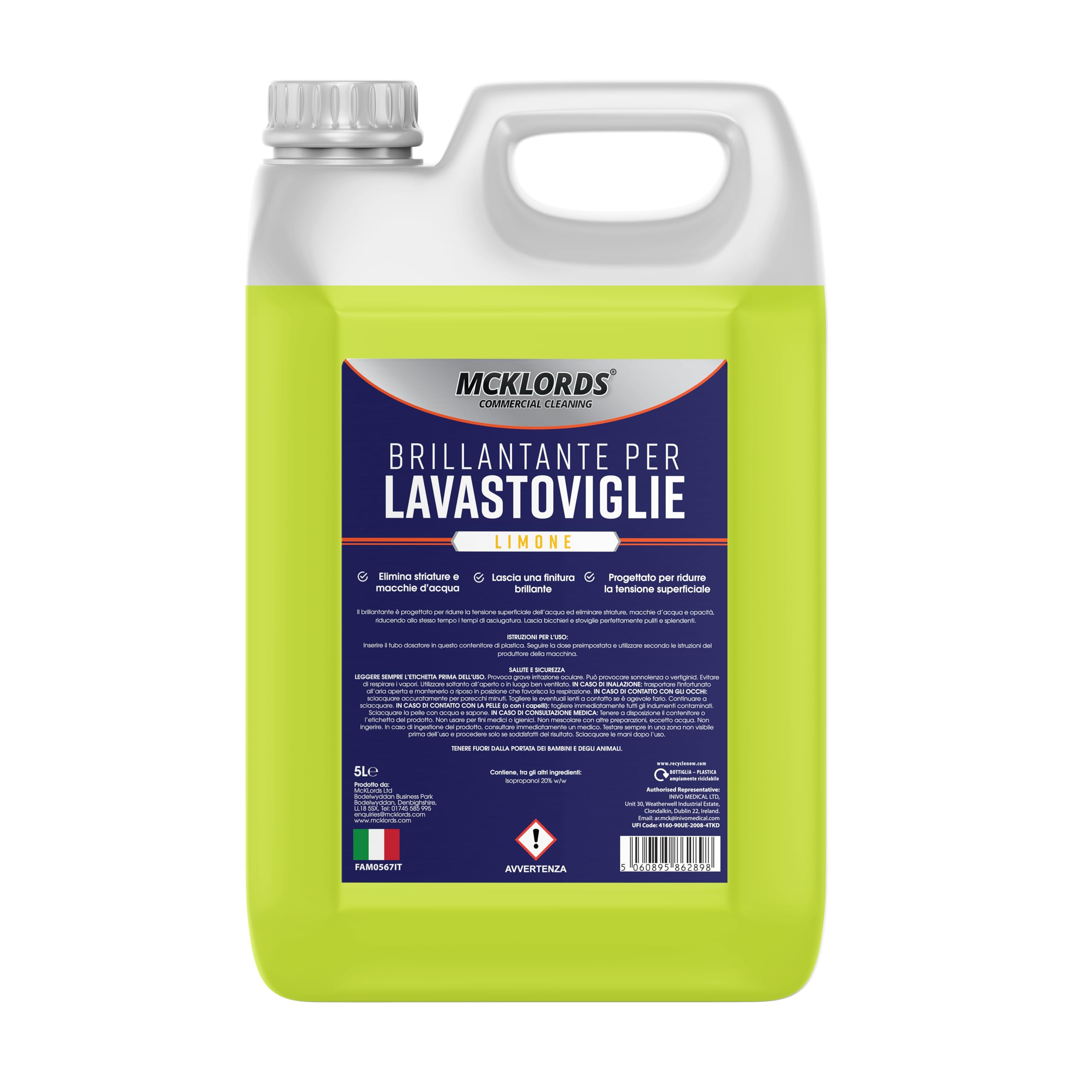 McKLords Commercial - Brillantante per Lavastoviglie al Profumo di Limone, Giallo, 5 Litri