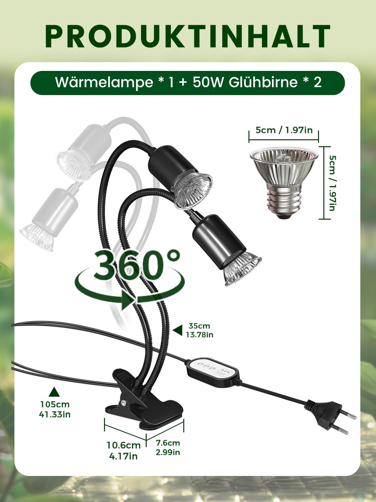 GlowUp Wärmelampe Schildkröten mit Zyklustimer, Doppelkopf Wärmelampe Terrarium mit 2* E27 Basking Spot Glühbirnen, 360° drehbare E27 Terrarium Warmelamp für Schildkröte, Eidechse, Spinne, chlange