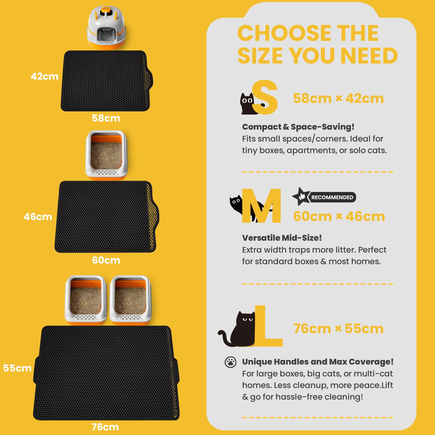 Conlun Tappetino per Lettiera con Manici, XXL 76x55 cm Assorbe Pipì & Blocca Granuli - Doppio Strato a Nido d'Ape, Antiscivolo, Pulizia Rapida (Nero)