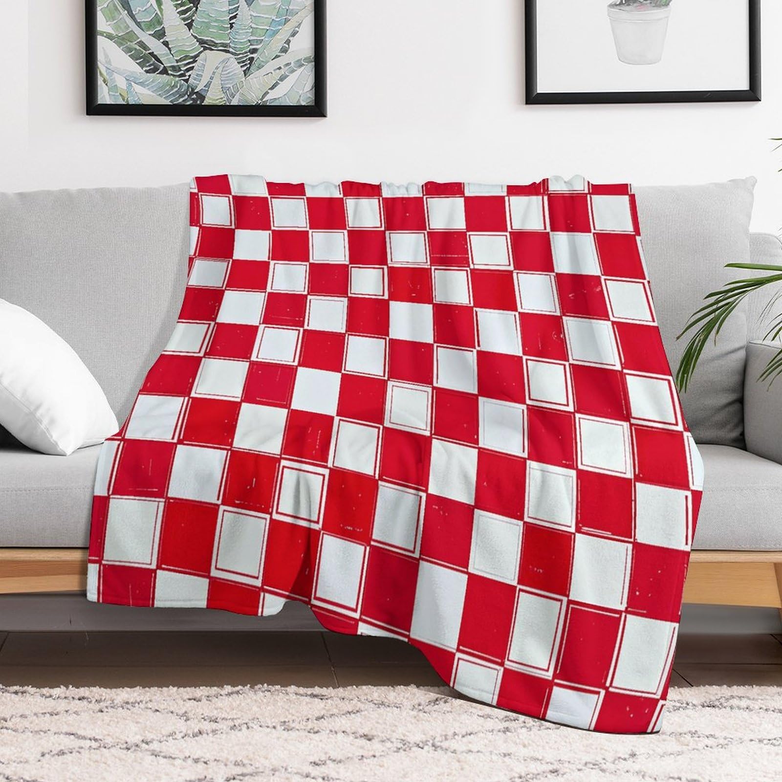 Grande couverture en polaire blanche et rouge légère pour lit et climatisation