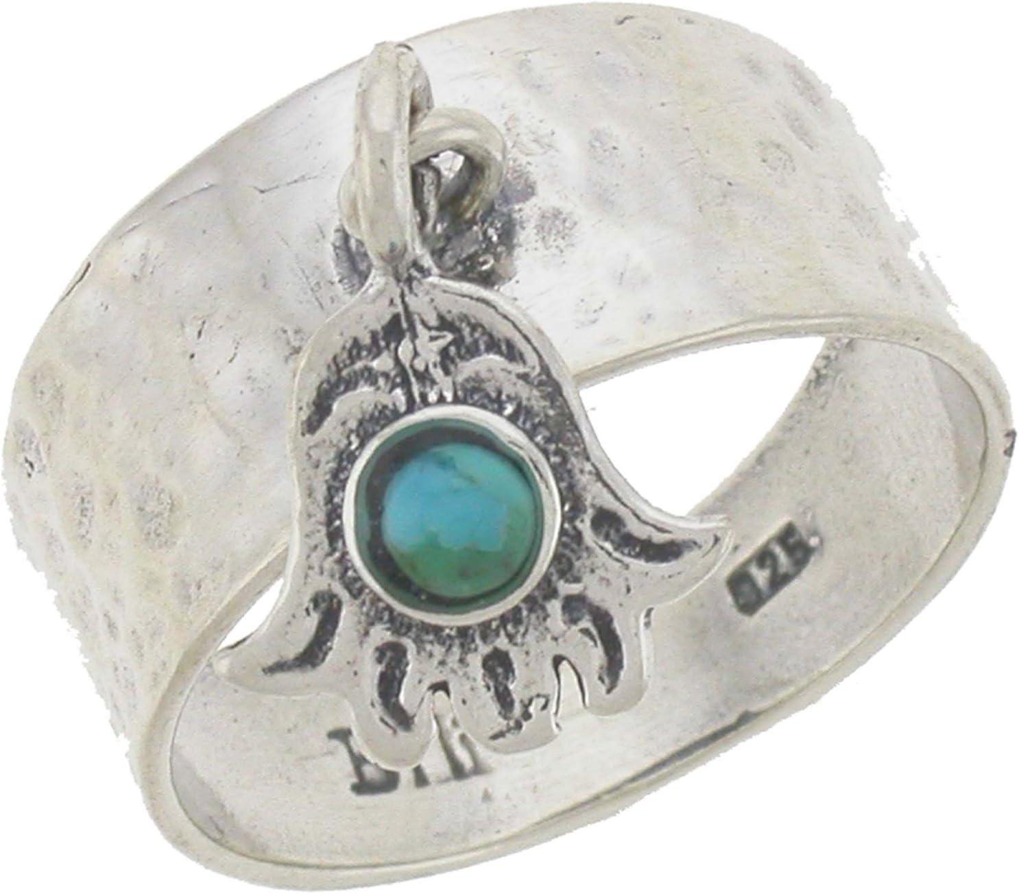 Silver Jewelry, Ring 925 Sterling Silver Jewish Jewelry. One 3mm Round Cabochon Turqoise Stone. Wide Hammered Silver Band with Artistic Hamsa Charm and a Turquoise in the Center. Hand Made and Designed in Israel By Bili Silver. Shipped Directly From Tel Aviv, IL in a Gift Box. Us Sizes: 7 or 8. Great Gift For: Wedding Bridesmaid Bat Mitzvah Engagement Graduation Mother's Day Birthday Anniversary Valentine and Other Occasions.