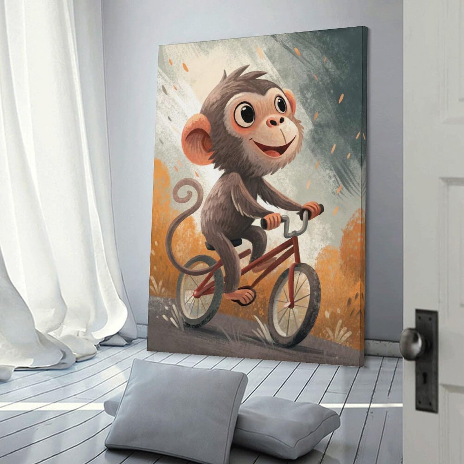 Junmoney Monkey on A Bicycle Illustration Canvas Wall Decor, 24x36inch(60x90cm), for Gallery Wall Decor And Room Displays, Wall Decor Suited to Curated Displays